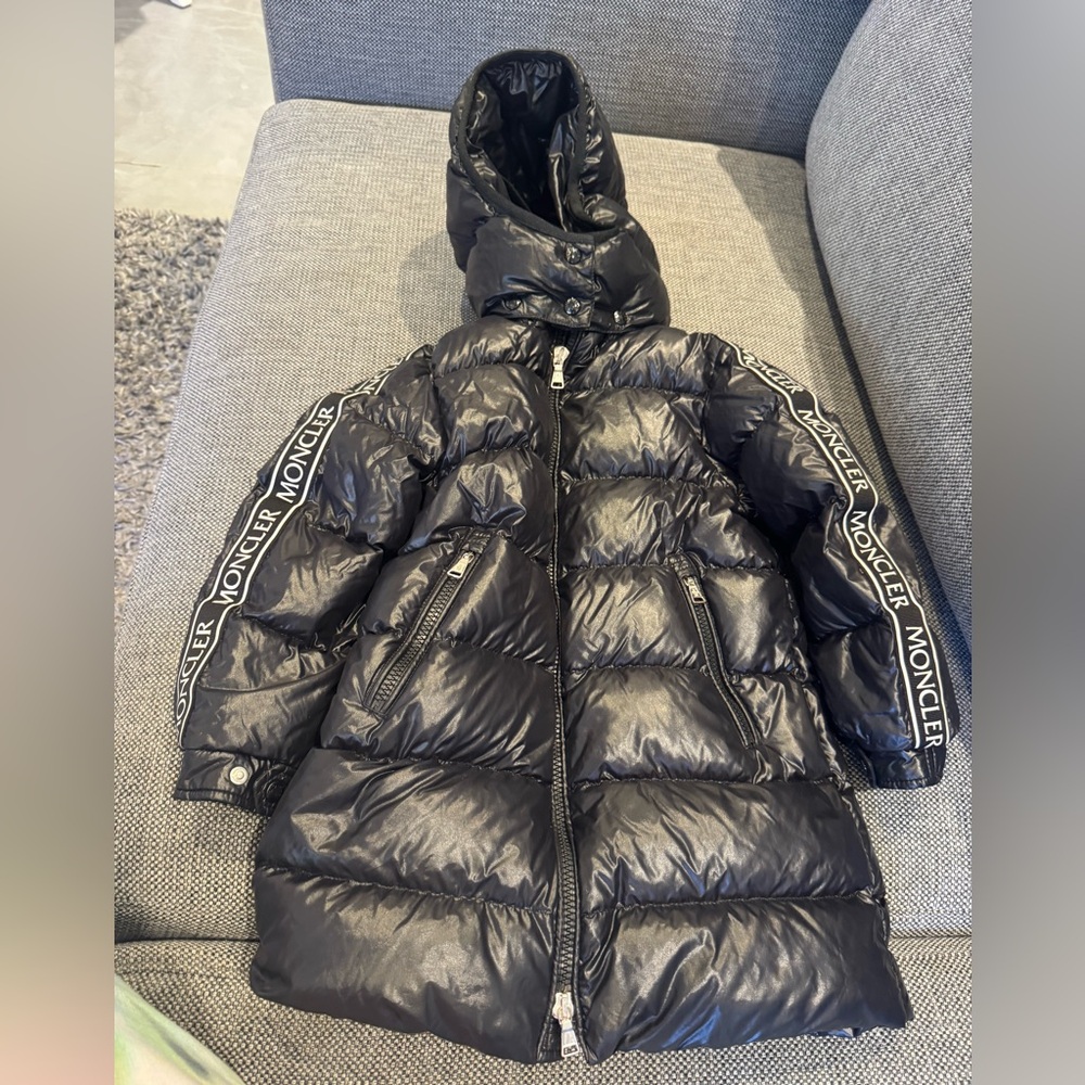 Moncler Black Hooded Long Puffer Coat with Logo Trim
